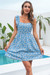 Summer New Stylish 3 Colors Flower Batch Printing Inelastic Ruffle Backless Lace-Up Hollow Sexy Mini Dress Blue