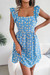 Summer New Stylish 3 Colors Inelastic Daisy Batch Printing Square Neckline Ruffle Sexy Mini Dress Blue