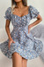 Summer New Stylish 3 Colors Inelastic Floral Batch Printing Square Neckline Lace-Up Ruffle Casual Mini Dress Blue