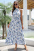 Summer New Stylish 3 Colors Inelastic Flower Batch Printing Halter-Neck Lace-Up Backless Casual Maxi Dress With Belt Blue