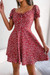 Summer New Stylish 3 Colors Micro Elastic Floral Batch Printing Square Neckline Short Sleeves Casual Mini Dress Dresses Red