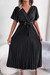 Summer New Stylish 3 Colors Solid Color Inelastic V-Neck With Belt Pleated Casual Maxi Dress Black