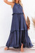 Summer New Stylish 3 Colors Solid Color Micro Elastic Sleeveless Lace-Up Ruffle Loose Casual Maxi Dress Dark Blue