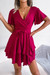 Summer New Stylish 3 Colors Solid Color Micro Elastic V-Neck Ruffle With Belt Irregular Casual Mini Dress Rose Red