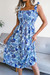 Summer New Stylish Batch Printing Sling Micro Elastic Pleated Casual Midi Dress Blue