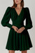 Summer New Stylish Five Colors V-Neck Puff Long Sleeves Solid Color Button Inelastic Casual Mini Dress Dark Green