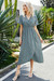 Summer New Stylish Inelastic Floral Batch Printing V-Neck Waist Split Casual Midi Dress Blue
