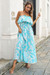 Summer New Stylish Simple Batch Printing Inelastic Strapless Loose Casual Maxi Dress Sky Blue