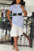 Summer New Stylish Three Colors Crew Neck Stripe Printing Stitching Solid Color Hem Stretch Without Belt Casual Midi Dress Sky Blue