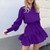 Summer New Stylish Three Colors Puff Sleeves Solid Color Ruffle Zip-Up Inelastic Casual Mini Dress Purple
