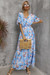 Summer Plus Size Four Colors Flower Batch Printing Inelastic V-Neck Backless Casual Pastoral Style Maxi Dress Blue