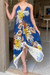 Summer Plus Size New Style Sling Deep V-Neck Flowers Batch Printing Backless Sexy Dress Blue