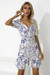 Summer Plus Size Two Colors Floral Batch Printing Stretch V-Neck Drawstring Ruched Ruffle Stylish Mini Dress Blue