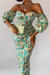 Summer Zip-Up Off Shoulder Batch Printing New Stylish Micro Elastic Slim Midi Dress Green