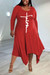 Xl-5Xl Plus Size Spring New Stylish Three Colors Crew Neck Letter Printing Irregular Hem Stretch Casual Midi Dress Red