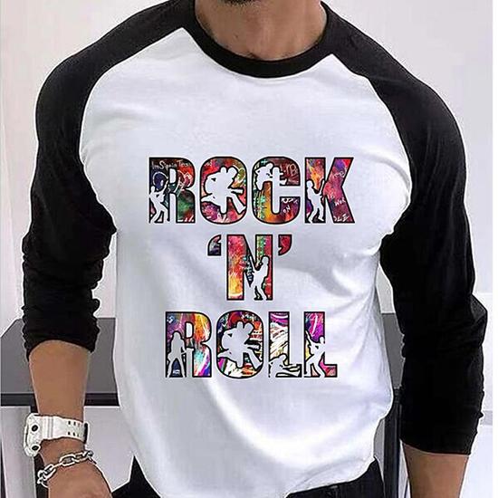 Men's T Shirt Tee Rock N Roll Graphic Letter Crew Neck Street Daily Patchwork Print Long Sleeve Tops Designer Casual Fashion Comfortable White
