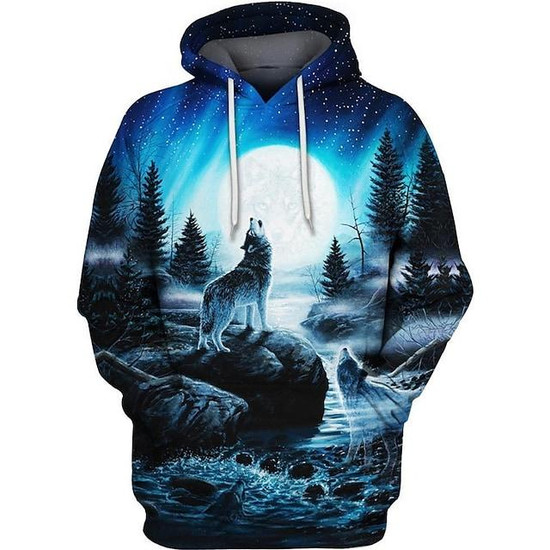 Men s Unisex Pullover Hoodie Sweatshirt Graphic Prints Wolf Print Sports Outdoor Daily Sports 3d Print Basic Casual Hoodies Sweatshirts Blue Seseable UK