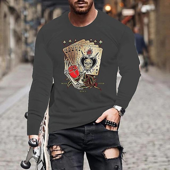 Men s Unisex T Shirt Tee Hot Stamping Skull Poker Crew Neck Street Casual Print Long Sleeve Tops Designer Simple Basic Casual Green White Black Seseable UK