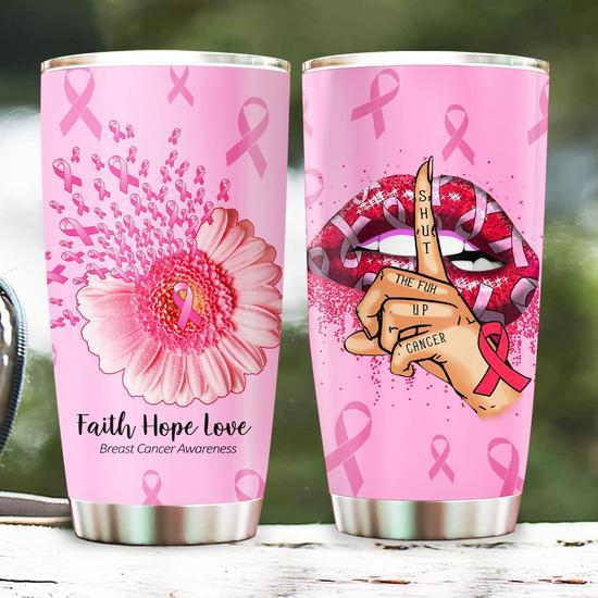 BREAST CANCER TUMBLER - Awareness Pink Ribbons Tumbler with Lid