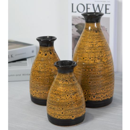 Ceramic Brown Set Of 3 Lava Vases, Rustic Farmhouse Ceramic Vases Home Decor, Neutral Home Decor For Shelves