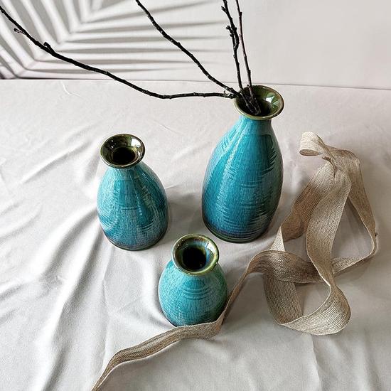 Ceramic Vase for Home Decor, Turquoise Ombre Vase Set for Pampas Grass, Rustic Boho Vases Set of 3, Blue