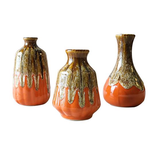 Ceramic Vase Set Of 3, Flambe Glazed Mini Vases, Flower Vases For Table Kitchen Living Room Boho Home Decor, Brown Orange