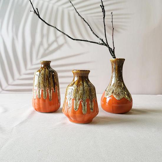 Ceramic Vase Set Of 3, Flambe Glazed Mini Vases, Flower Vases For Table Kitchen Living Room Boho Home Decor, Brown Orange