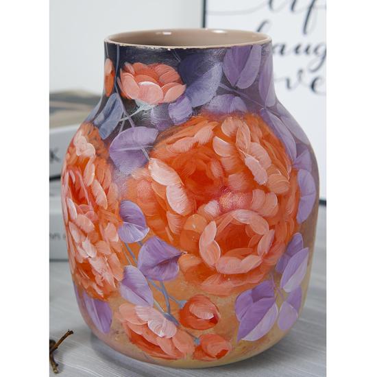 Hand Painted Floral Vase, Pottery Painting Design, Decorative For Flower Arrangement, Home Decoration, Orange Purple