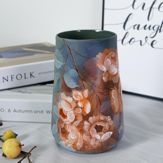 Hand Painted Floral Vase, Pottery Painting Design, Decorative For Flower Arrangement, Art Home Decoration,Orange Blue