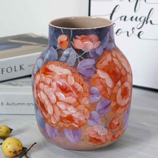 Hand Painted Floral Vase, Pottery Painting Design, Decorative For Flower Arrangement, Home Decoration, Orange Purple