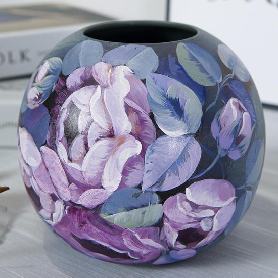 Hand Painted Flower Vase, Pottery Floral Painting Design, Decorative For Flower Arrangement, Home Decoration, Purple Blue