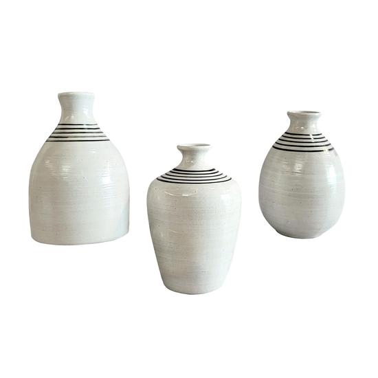 Modern Farmhouse Vase Decor, Set Of 3 White Striped Mini Vases For Decor, Decorative Small Vase Centerpiece Accent