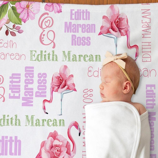 Custom Flamingo Baby Blanket with Name Personalized Baby Girl Blanket Pink Flamingo Floral Name Blanket Baby Girl Name Blanket Mazezy