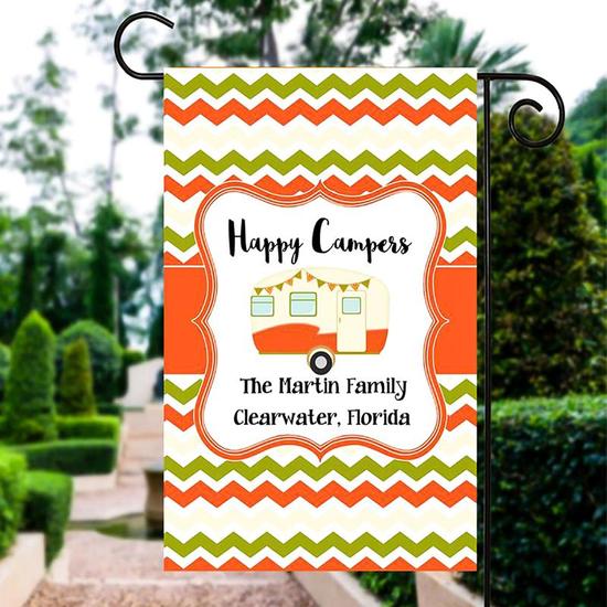Personalized Happy Campers Orange Garden Flag, Camping Family Gift, Custom Name Garden Flag