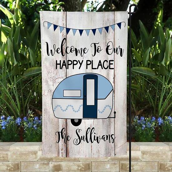 Personalized Welcome To Our Happy Place Garden Flag, Camping Family, Custom Name Garden Flag