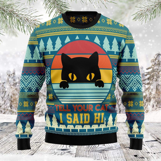 Cat Say Hi Christmas Funny Holiday Green Ugly Sweater Thegiftio UK