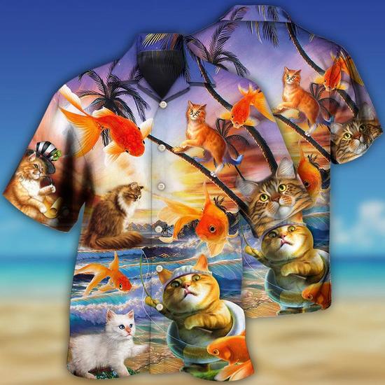 Cat Hawaiian Shirt For Summer, Cat Catches Fish Style, Best Colorful Cool  Cat Hawaiian Shirts Outfit For Men Women, Friend, Team, Cat Lover