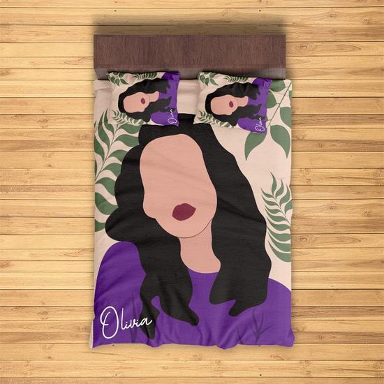 Custom Woman Long Hair Bedding Set, Custom Name, Boho Design, Personalized Boho 3 Pieces Bedding Set