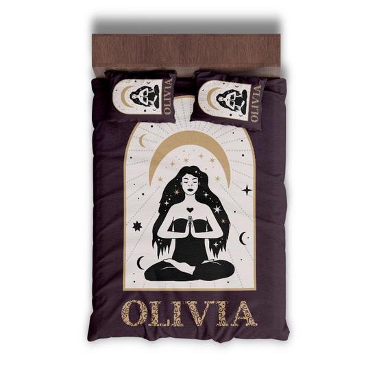 Custom Yoga Celestial Girl Bedding Set, Custom Name, Boho Gift Idea, Personalized Boho 3 Pieces Bedding Set