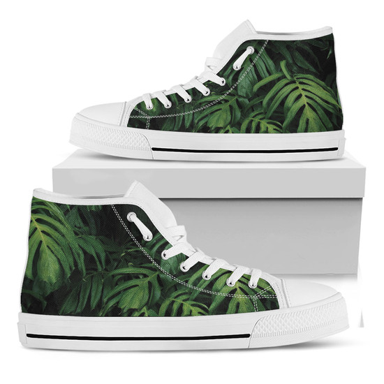 Green Monstera Leaf Print White High Top Shoes - Monsterry