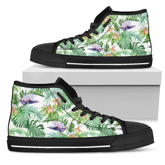 Hawaiian Shoes - Tropical Orange Orchids Strelitzia Monstera High Top Shoes  - Monsterry