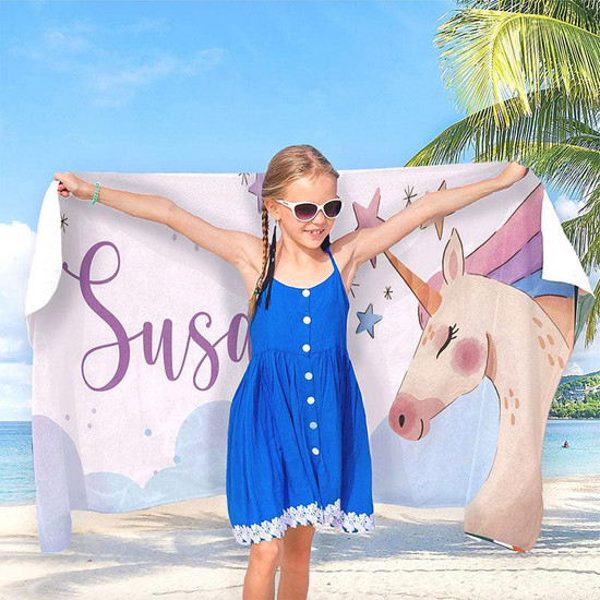 Personalized Unicorn And Name Kids Beach Towel Seseable UK