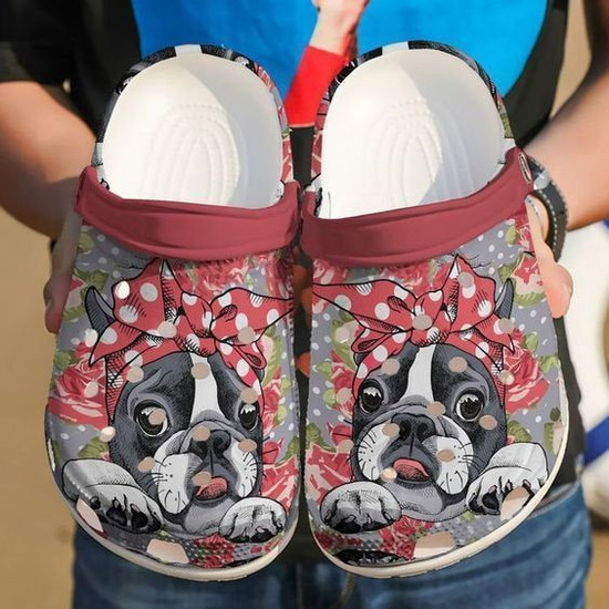 Awesome Boston Terrier Floral Rubber Clog Shoes Comfy Footwear Monsterry