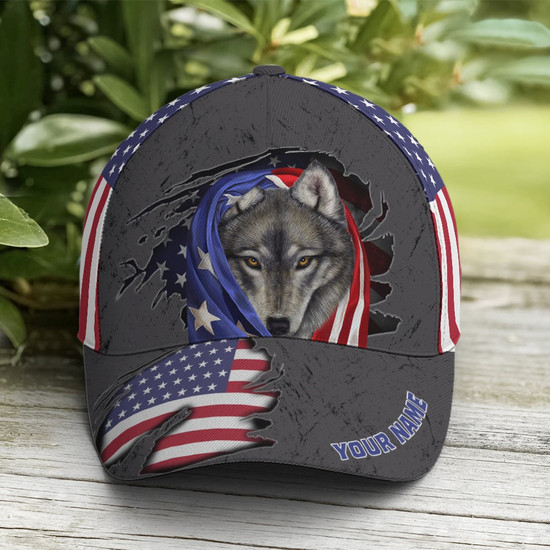 American Flag Grey Wolf Metal Style Baseball Cap Monsterry UK