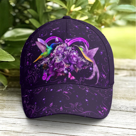 Cream Hat with Purple Floral and Hummingbird Design Custom Name Hummingbird Floral Hat – Personalized Name  main image 4