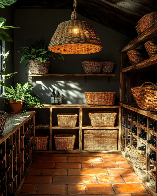 A boho wine cellar featuring reclaimed wood shelving, a terracotta tiled floor, and a rattan pendant light casting a warm glow. Wicker baskets and potted greenery add to the natural, earthy ambiance.