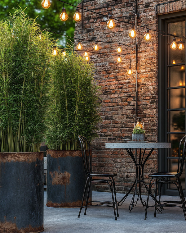 Industrial exterior with galvanized steel planters holding tall green plants, a black metal bistro set with a concrete top, and string lights with exposed Edison bulbs draped over a patio.