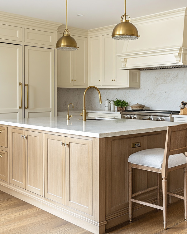 A cozy traditional kitchen featuring creamy off-white shaker cabinets, a large oak island with a honed marble top, brushed brass hardware, and a bridge faucet, illuminated by layered lighting.