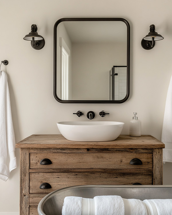 A bright farmhouse bathroom featuring a repurposed distressed wood dresser vanity with a white vessel sink, flanked by matte black barn-style sconces, above which hangs a large mirror with a simple black metal frame. A galvanized metal tub holds rolled white towels.