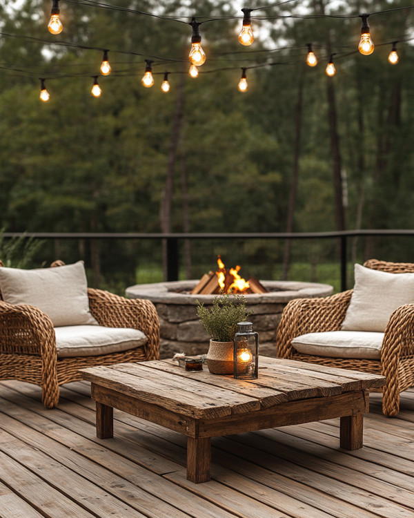 Rustic deck featuring reclaimed wood decking, a rough-hewn teak coffee table, and woven rattan armchairs with natural linen cushions. Edison bulb string lights are draped overhead, casting a warm glow, complemented by a stone fire pit in the background.